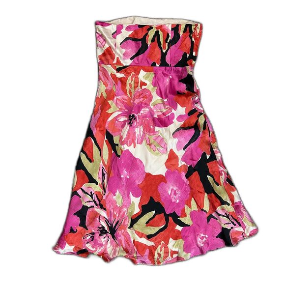 Banana Republic Pink Tropical Floral 100% Silk Strapless A-Line Midi Dress Sz 4 - Picture 3 of 11